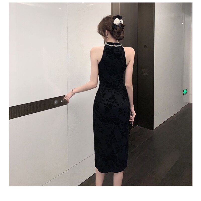 Hepburn Style Flocking High-end Cheongsam Elegant Summer Long Slim Sleeveless Little Black Dress Giant Thin Light Mature Dress