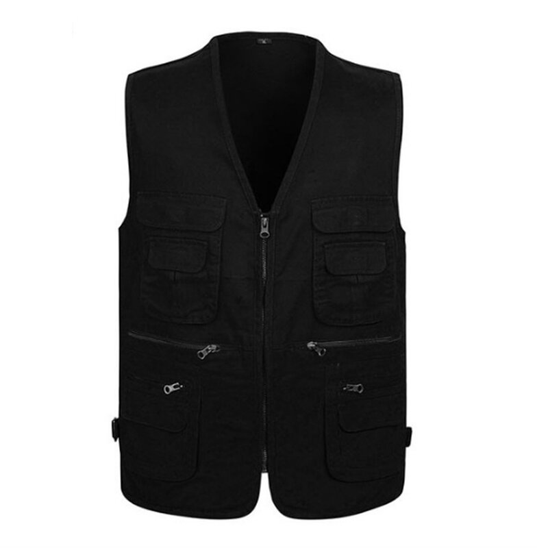 Men Vest Autumn Spring Cool Solid Color Fashion Multi Pocket Camera Outdoor Travelers Fishing Working Photography Vest Coat Male