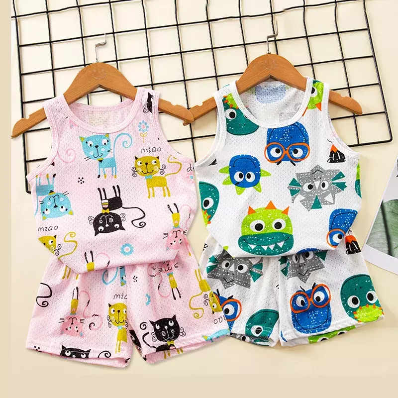 Conjuntos de Pijamas de algodón para bebés, ropa de dormir para niños, traje de verano para niñas, pijama de gato de dibujos animados, camiseta + Pantalones, 2 piezas