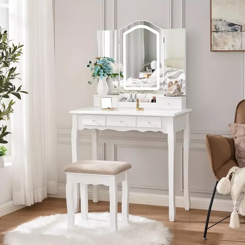 Meja rias dengan cermin dan lampu, alat rias dengan lampu, Set rias putih dengan cermin lipat tiga mode 3 warna