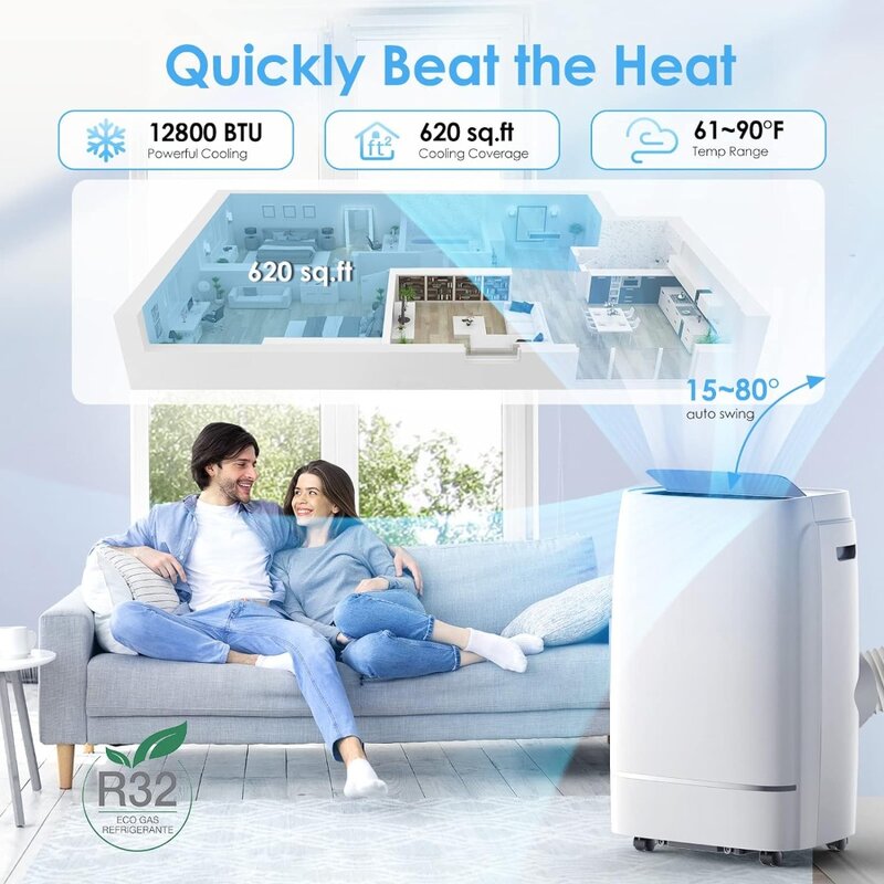 12800 BTU 3-in-1 Quiet Portable AC with Dehumidifier & Fan & Smart 24H Timer, Wide Oscillation, Remote Control & Window Kit