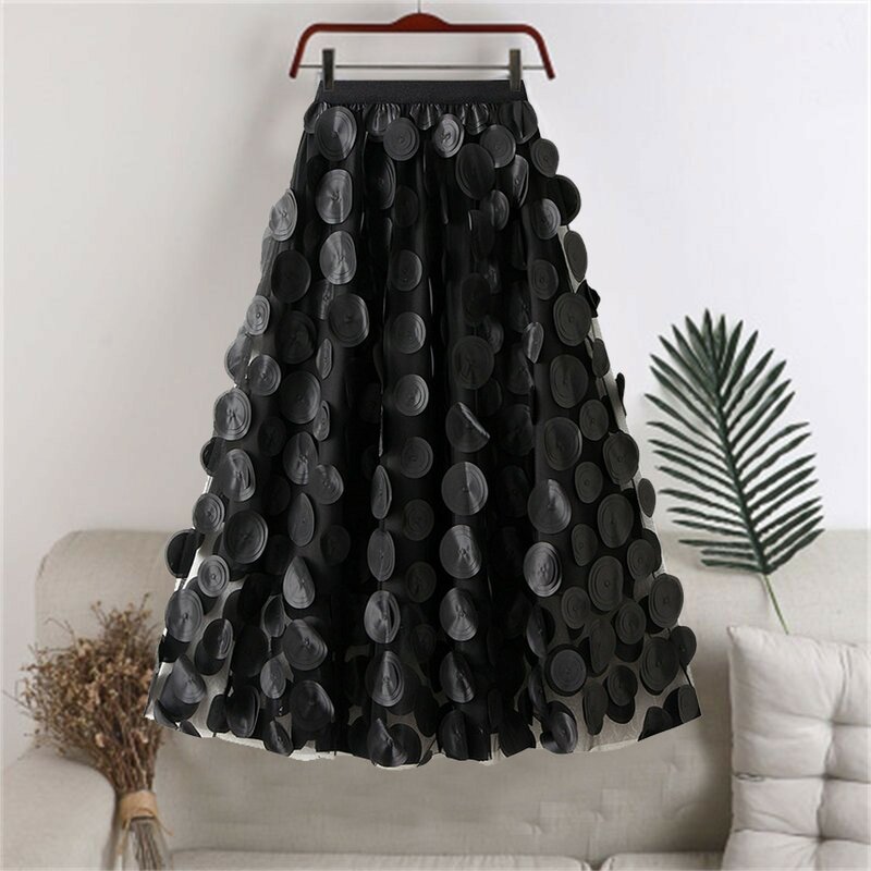 2023 Women's Polka Dot Black Fall Skirt Elegant High Waist Cocktail Party Wedding Flared A Line Double Slit Skirt Silk Skirts