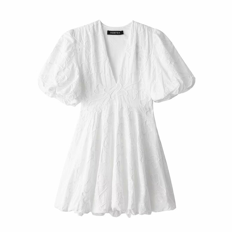 Damen neue Temperament schicke Mode bestickt flauschiges kurzes Kleid Retro V-Ausschnitt Kurzarm Kleid Vestidos Mujer