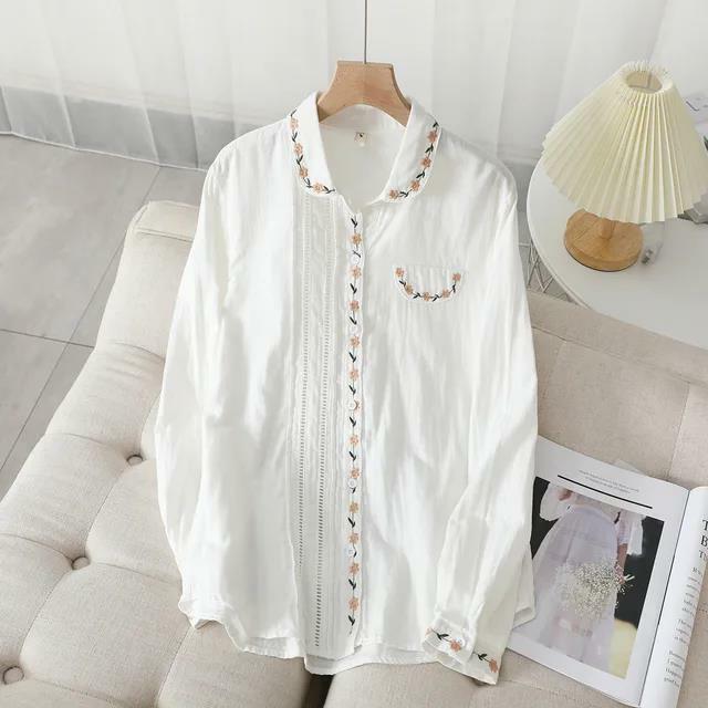 Camisa estampada con cuello para mujer, blusa holgada informal de manga larga, color blanco y azul, novedad de otoño, 2023