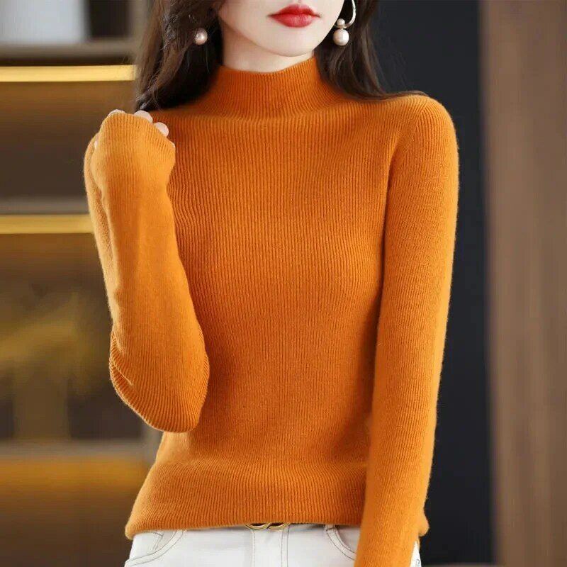 Modny golf wełniany kaszmirowy damski sweter z dzianiny z długim rękawem jesienno-zimowa odzież sweter Top Pull Femme
