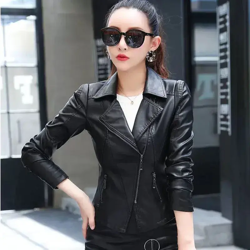 1pcs Women's Short Jackets Coat 2024 Spring New Fashion PU Leather Faux Fur Zipper Splicing Black Ladies Skinny Locomotive Coats