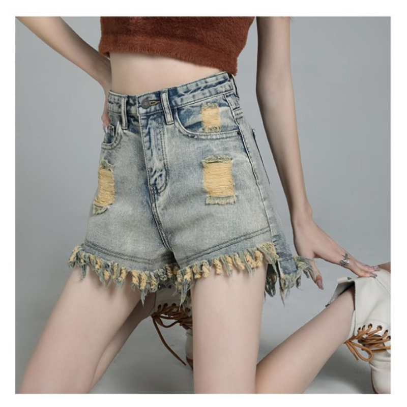 2023 New Vintage Wash Blue High Waist Denim Shorts Spicy Girl with Worn and Worn Ragged Edges Trend Light Blue A-line Hot Pants