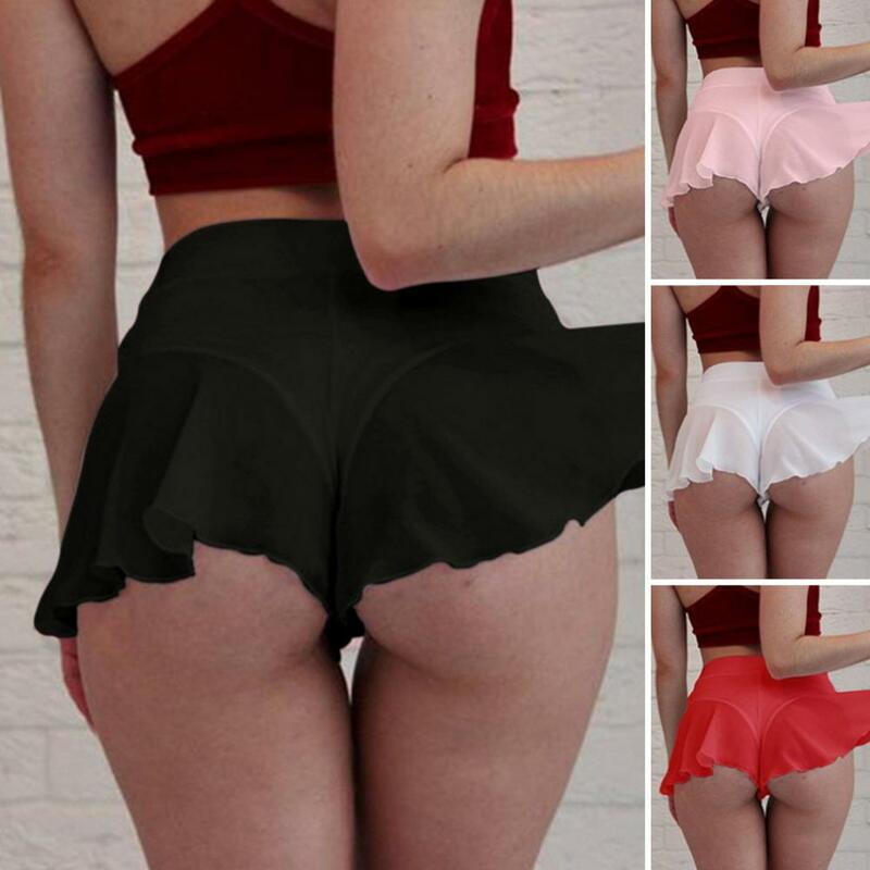 Shorts de cintura alta plissados para mulheres, macio, elástico, exposto a bunda, visto através, malha, sexy, monocromático, quarto