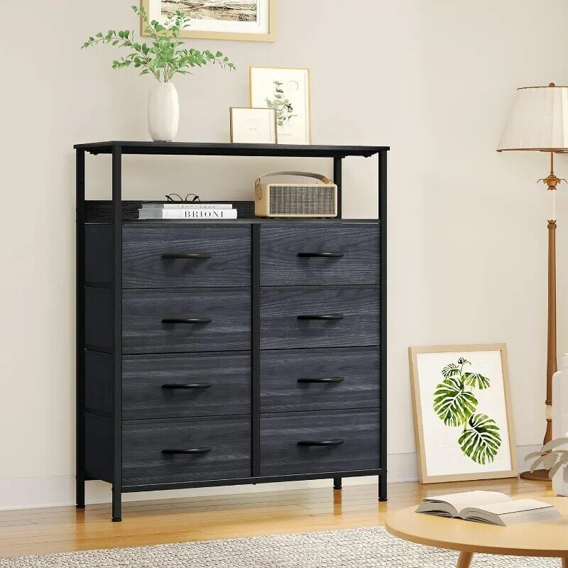 Armário de tecido com prateleiras, Storage Tower Cabinet, Organizador para quarto, Easy Pull Fabric Bins, preto e cinza, 8 gavetas