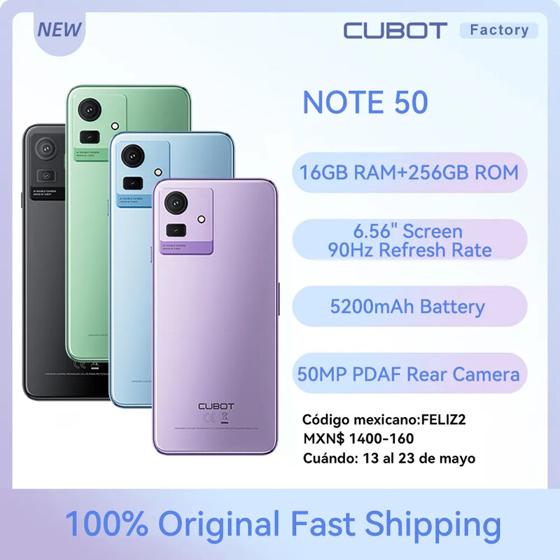 Cubot NOTE 50 스마트폰, 6.56 인치, 16GB, 256GB, 90Hz 주사율, 5200mAh, 50MP 카메라, GPS 페이스 ID, NFC 지문 스캐너 핸드폰