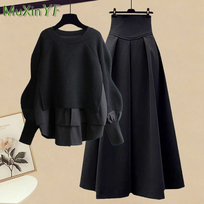 2023 Herbst/Winter neue koreanische elegante Spleiß gefälschte zweiteilige Strick pullover Kleid passende Set Damen schicke Pullover Rock Set