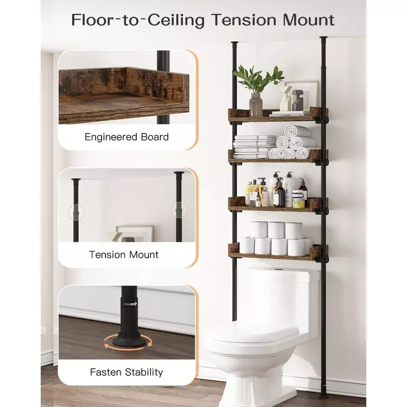Organizador de baño para almacenamiento de inodoro, estantes de madera ajustables de 4 niveles para habitaciones pequeñas, ahorrador de espacio