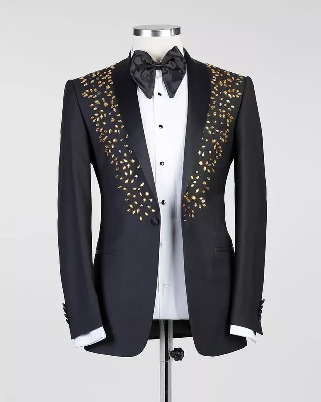 Crystals Men Suits Pants Set 2 Piece Blazer+Black Trousers Office Groom Wedding Tuxedo Single Breasted Coat Custom Made Jacket