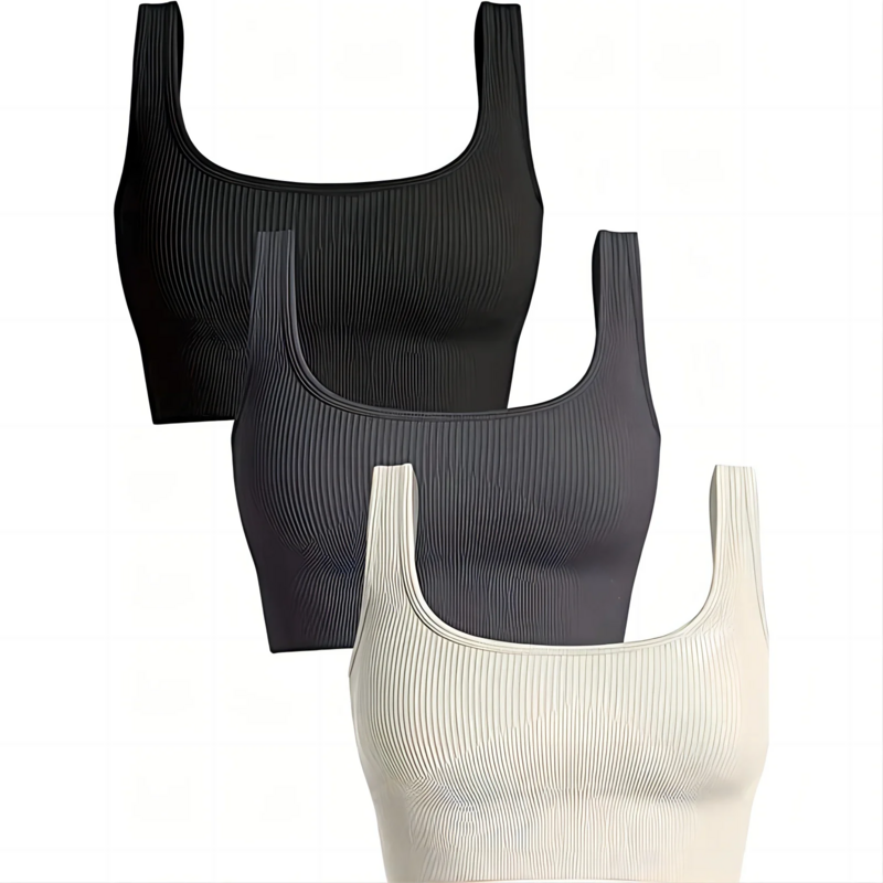 Yoga Basic Seamless Breathable 3pcs Ribbed Knit Solid Sports Bra