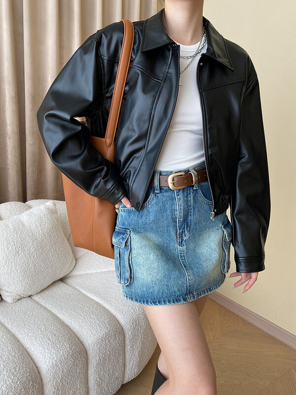 Loose Fit Black Big Size PU Leather Jacket New Lapel Long Sleeve Women Coat Fashion Tide Spring Autumn  O607