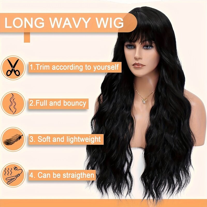Awahair Long Black Wig with Bangs 26 Inches Synthetic Wavy Bang Black Wigs for Women, Women Long Curly Cosplay Selena Black Wig