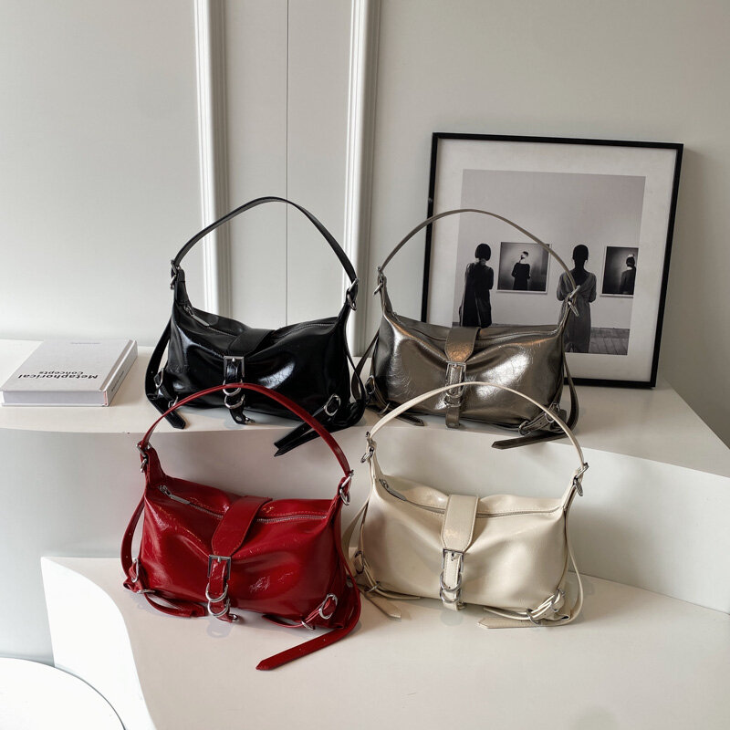 Linke Seite Silber Leder Umhängetaschen für Frauen Luxus y2k koreanische Mode Achsel Umhängetasche weibliche Achsel Tasche Handtaschen