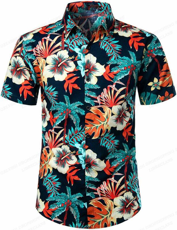 Blusa Floral Havaiana Masculina e Feminina, Cuba Lapel, Camisa de Praia, Roupa de Flor, Blusa Vocacional