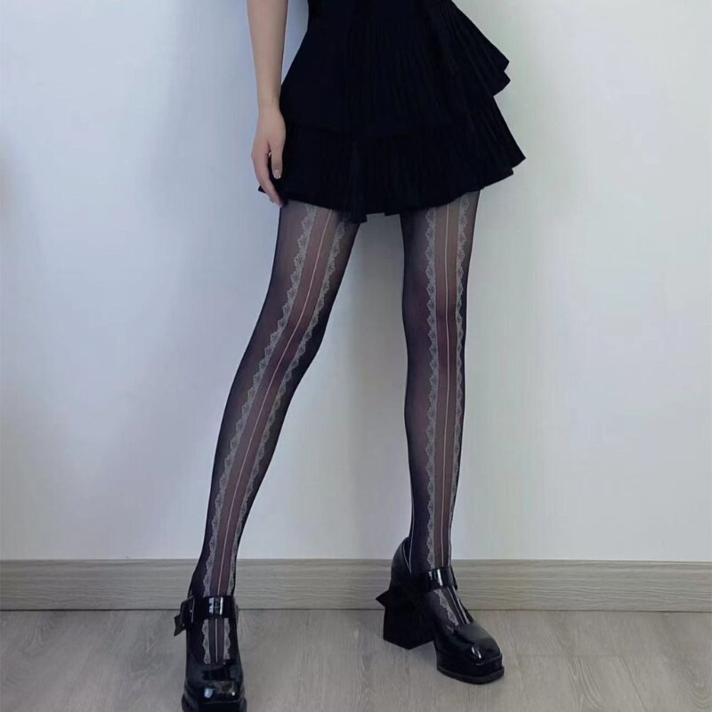 Meia-calça feminina elegante renda jacquard listrada vertical padrão meia-calça