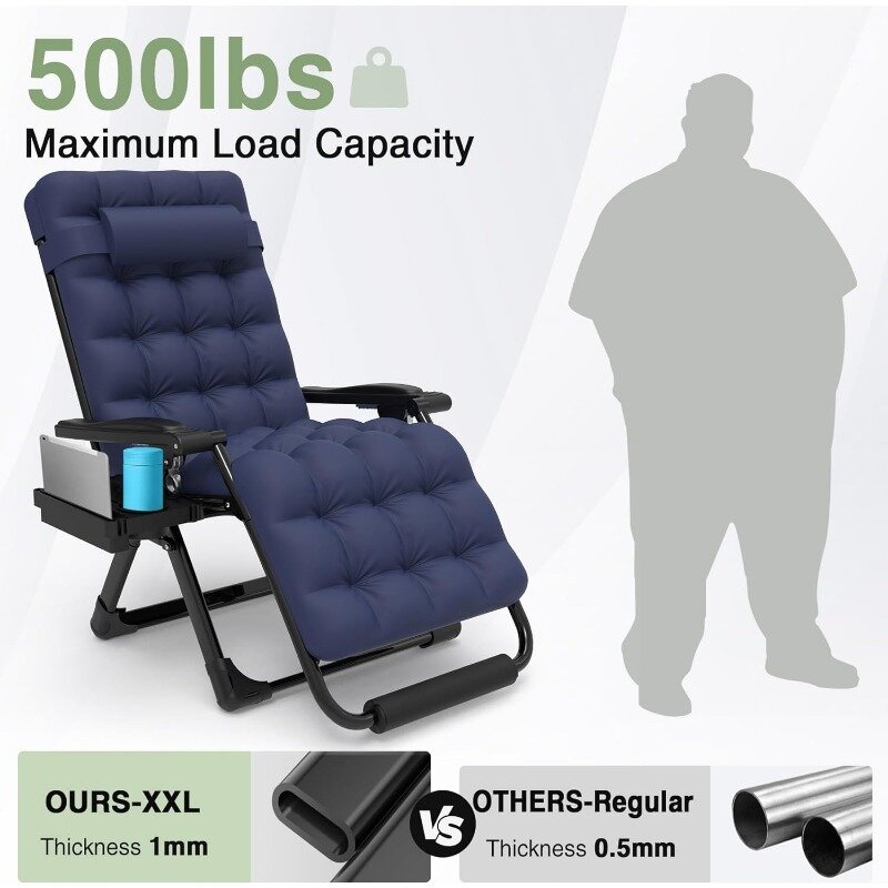 Sillas de gravedad cero de gran tamaño, 29 pulgadas, soporte XL, 500LBS, alta resistencia, ajustable, silla de césped con cojín extraíble