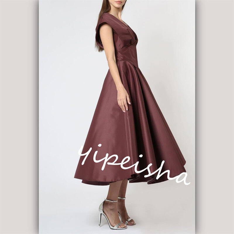 Satin Pleat Party A-line V-neck  Bespoke Occasion Gown Midi Dresses