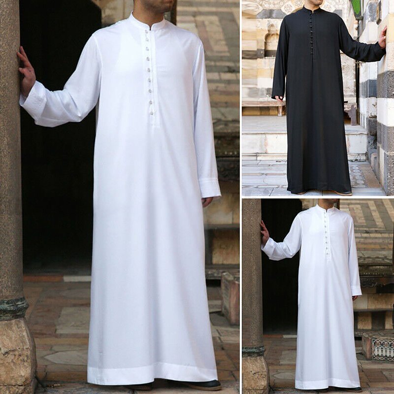 Muzułmańska szata mężczyźni Jubba Thobe Saudi Arabia Kaftan jednolity kolor stojąca dekolt Homme Abaya Caftan islamska odzież sukienka Islam Eid
