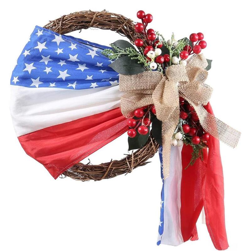 Karangan bunga gantung bendera Amerika O4S3, karangan bunga tahan lama untuk dekorasi pintu depan 1 buah