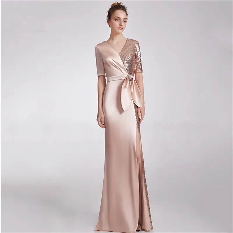 Elegante vestido de sirena con manchas de encaje para madre de la novia, vestido de fiesta de boda Formal de manga larga con cuello en v brillante, oro rosa