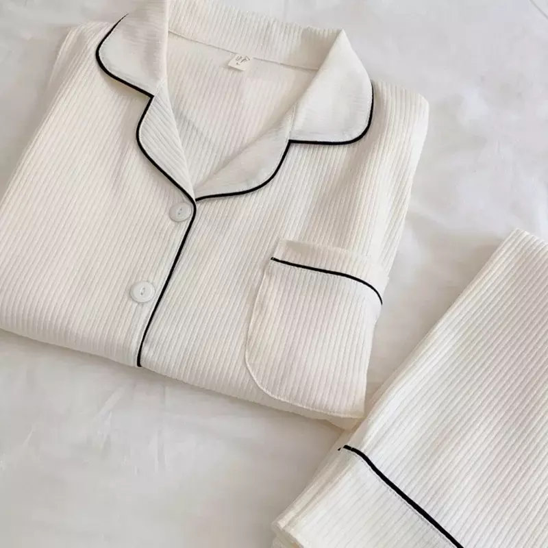 Pijama de algodão manga comprida feminino, pijamas Dormir Lounge, pijama branco sólido, roupas de casa femininas, roupas de quarto