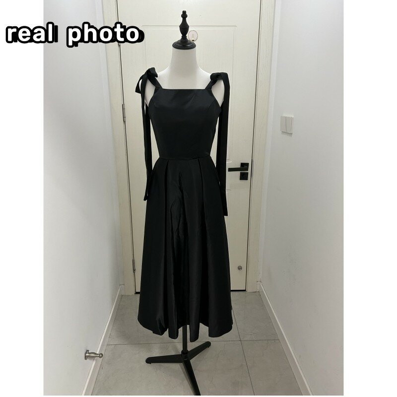 2024 Nieuwe Satijnen Trouwjurk Korea Mode Spaghettibandjes Vintage Vierkante Kraag Bruidsjurk Zwart Sexy Backless Prom Dress