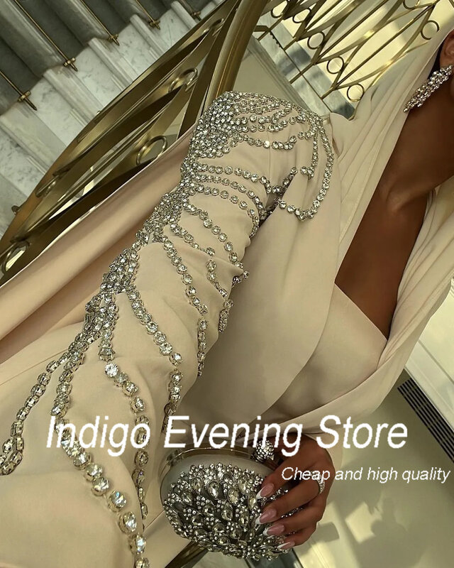 Indigo Hooded Prom Dresses Full Sleeves Crystal Cape Floor-Length Feathers Formal Party Dress For Women 2024 Robe De Soirée