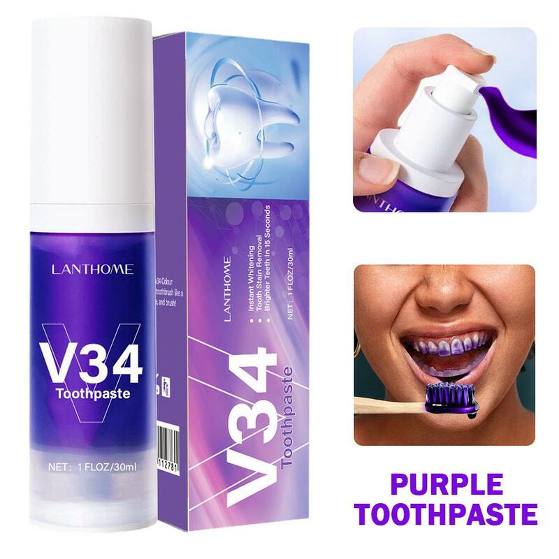 Pasta de dientes púrpura para blanquear los dientes, Corrector de esencia de brillo, cuidado de Color, Mancha bucal, I5W3, V34