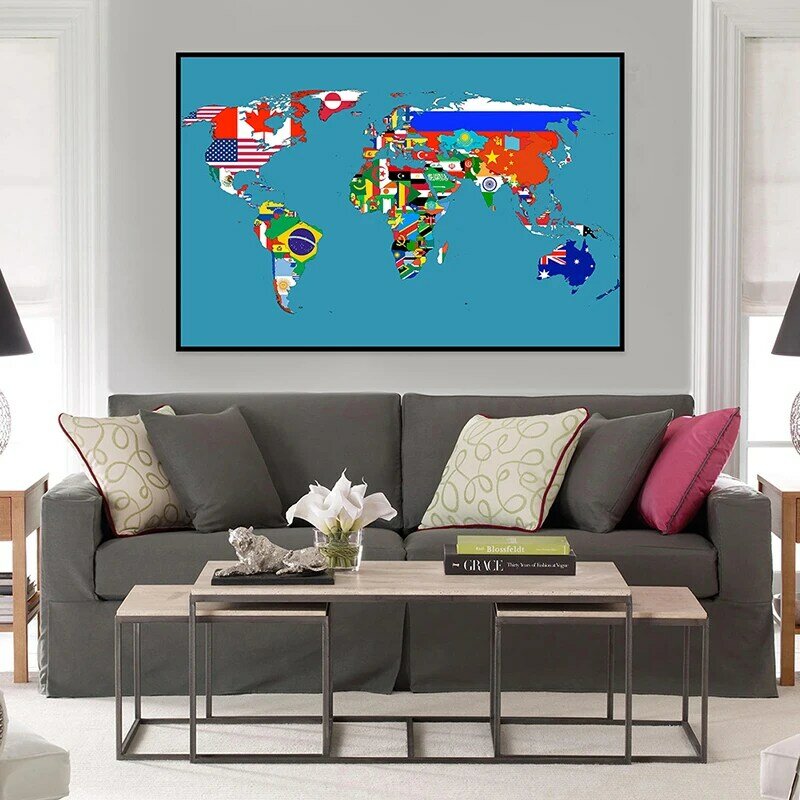 59x42cm Small Spray Canvas World Map Classic Edition Map of The World Posters Prints for School Classroom Office Supplies