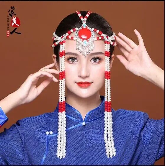 Chinês frisado cocar para mulheres, casamento mongol, acessórios para o cabelo nupcial, dança do estágio