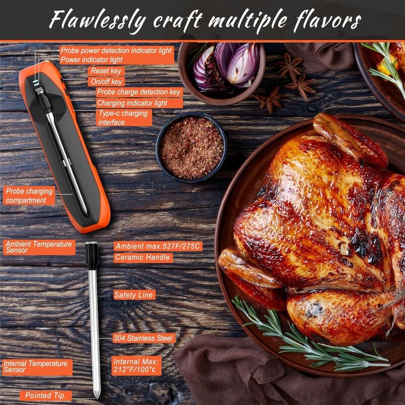 Digital Meat Thermometer, 500FT Wireless ,  Oven Safe, Bluetooth Meat Thermometer for Grilling and Smoking Kitchen Cooking BBQ