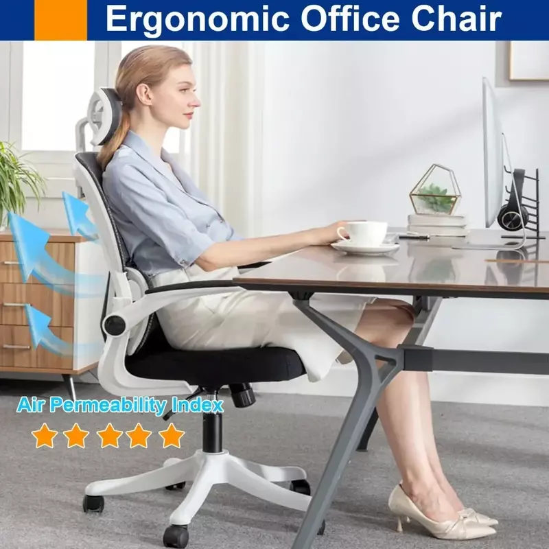 Kursi meja kantor 350lb, kursi meja nyaman dengan penyangga pinggang dan lengan lipat hitam bebas ongkos kirim