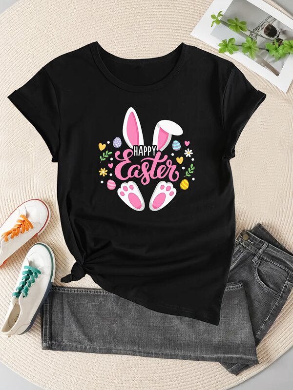 Easter Rabbit Graphic Crew Neck Sports Tee, Casual Workout Fitness Short Sleeves Tops, Women's Activewear