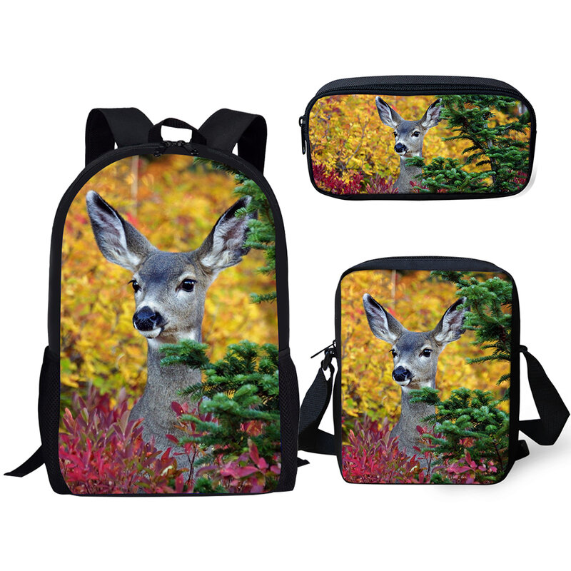 3D花と鹿のプリントが施されたラップトップバックパックのセット、3つのパーツのセット、ショルダーバッグ付きのランドセル