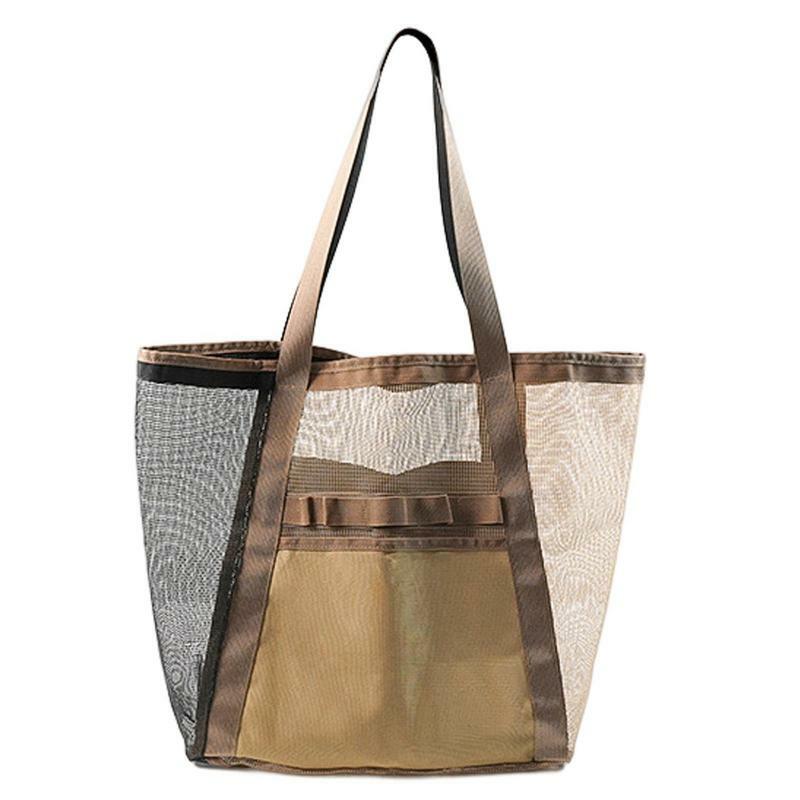 Women Summer Beach Bag Folding Drain Ladies Casual Handbag Tote Bag Large Capacity Mesh Fabric Reusable Shopping Shoulder Bag