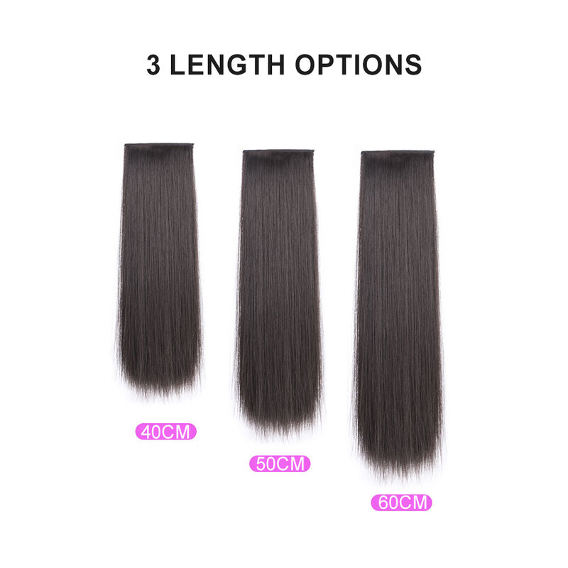 Extensões retas longas sintéticas do cabelo para mulheres asiáticas, grampo em extensões do cabelo, hairpieces macios do brilho, preto