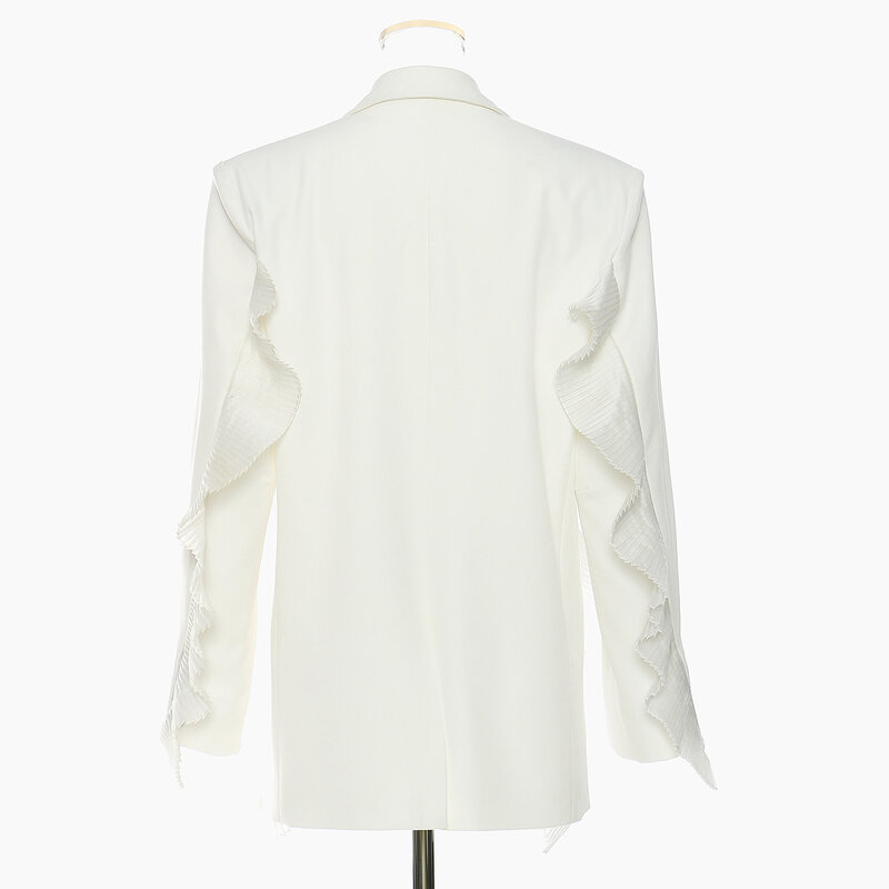 Costume Blazer en Tulle Blanc à Volants pour Femme, Veste de Bureau Formelle à la Mode, Tenue de Rue, Manteau, Automne, 1 Pièce