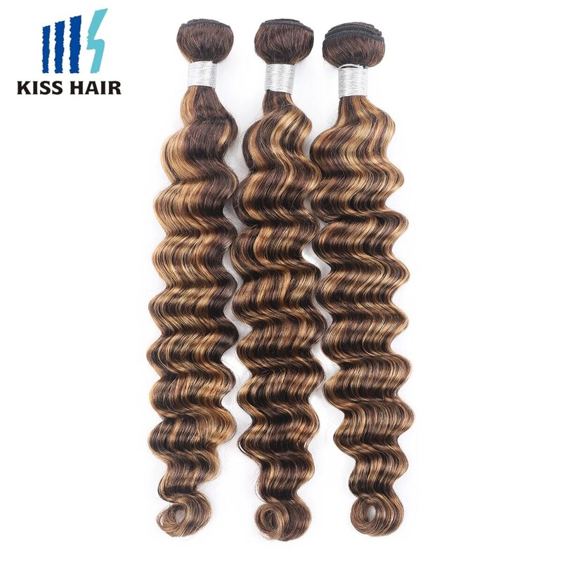 Bundles de cheveux humains Deep Wave avec surbrillance, brun mélangé, blond, extension de cheveux brésiliens, double trame ondulée, P4, 27, 1 pièce, 3/4 pièces