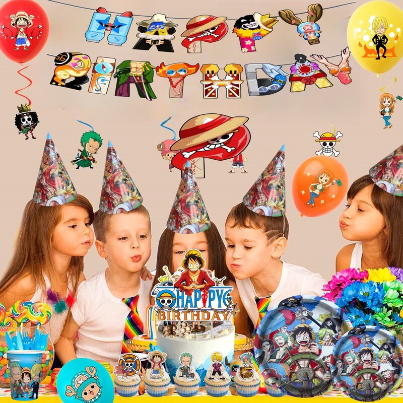 Decoración de fiesta de cumpleaños de una pieza, vajilla desechable de Luffy Zoro, mantel, plato y taza, globo, suministros para fiesta de Baby Shower para niños