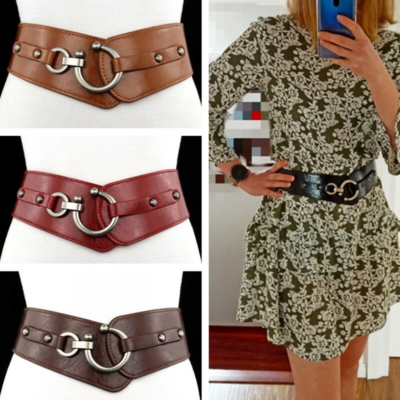 Cinturón ancho elástico para mujer, Correa Vintage de piel sintética, hebilla elástica, Color sólido, nueva moda