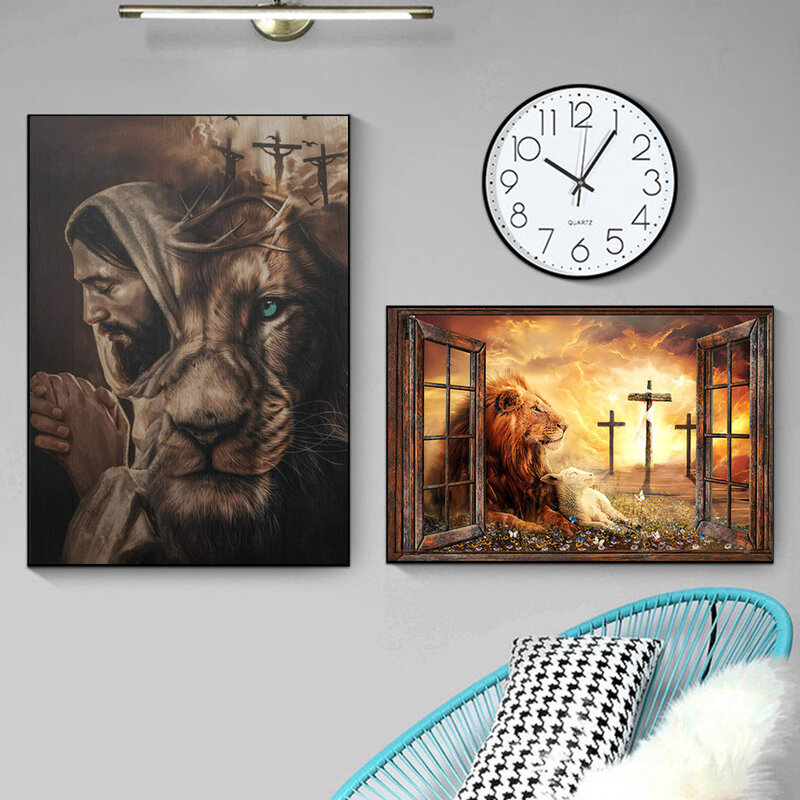 โปสเตอร์พิมพ์ลายคริสเตียนของพระเยซูวินเทจ, Christ Lion of judah นักรบแกะของพระเจ้าศิลปะบนผนังผ้าใบการตกแต่งบ้าน