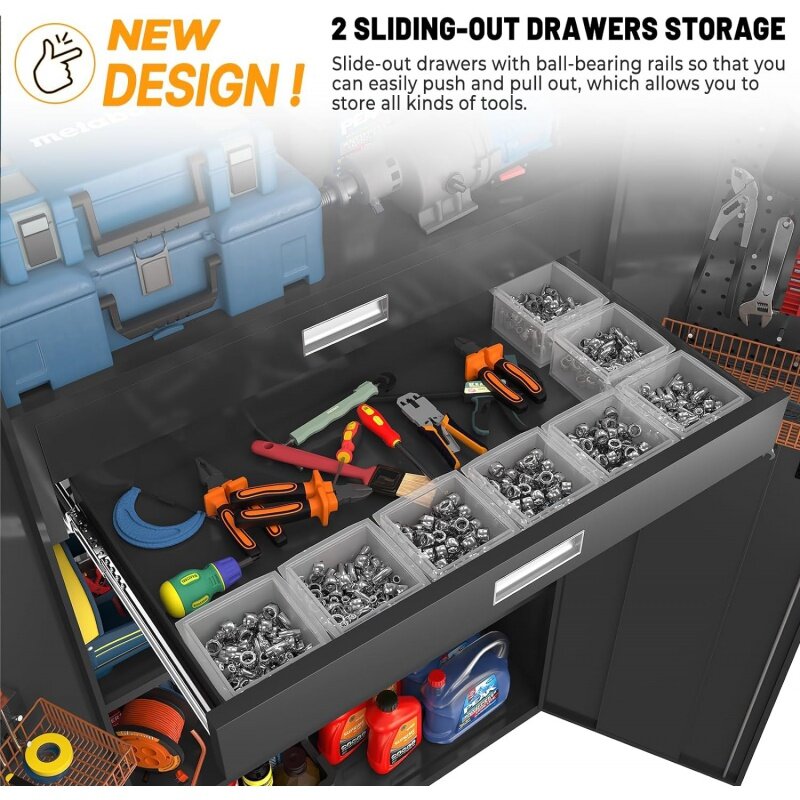 Metal Storage Cabinet with Doors & Adjustable Shelves, 72 Inch Black Lockable Garage    Wheels & ; Drawers & ;