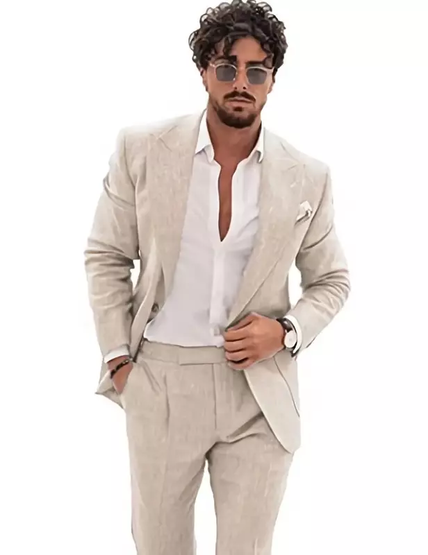Lniana letnia kurtka garnitury męskie ze spodniami klapa zamknięta oficjalny smoking pana młodego blezer na imprezę biznesu plażowego w jednolitym kolorze