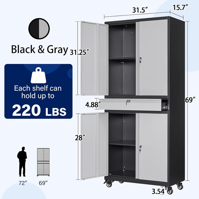 Yizosh armario de almacenamiento de garaje de Metal con puertas de bloqueo y estantes ajustables, armario de almacenamiento de herramientas rodantes con 4 ruedas
