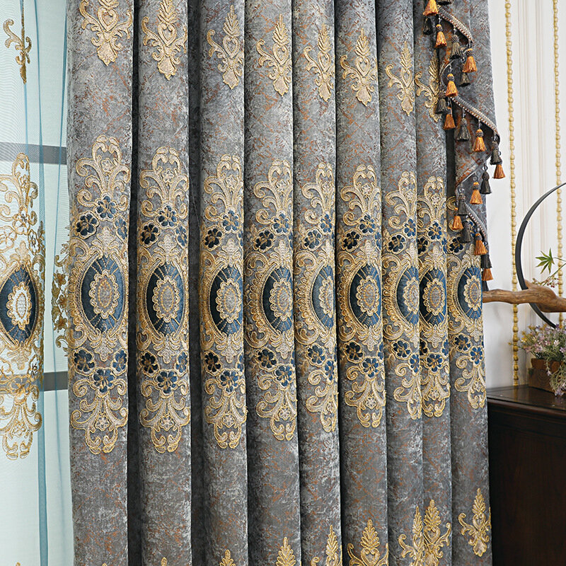 Luksusowa europejskie zasłony do salonu sypialnia haftowana szenilowe niebieskie światło zaciemniające stojąca listwa do willi