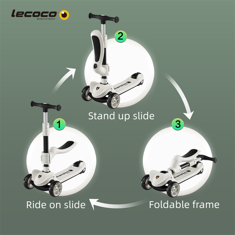 Lecoco Kids Scooter 2-in-1 Foldable Adjustable Height Handlebars Removable Seat Rare Brake LED Lighted Wheels Best Gift for Kids